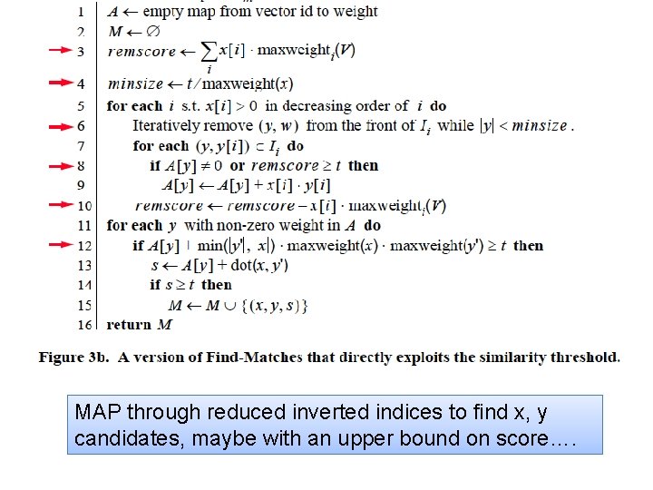 MAP through reduced inverted indices to find x, y candidates, maybe with an upper