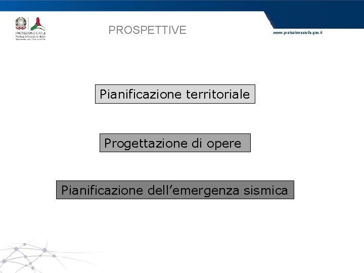 PROSPETTIVE www. protezionecivile. gov. it Pianificazione territoriale Progettazione di opere Pianificazione dell’emergenza sismica 