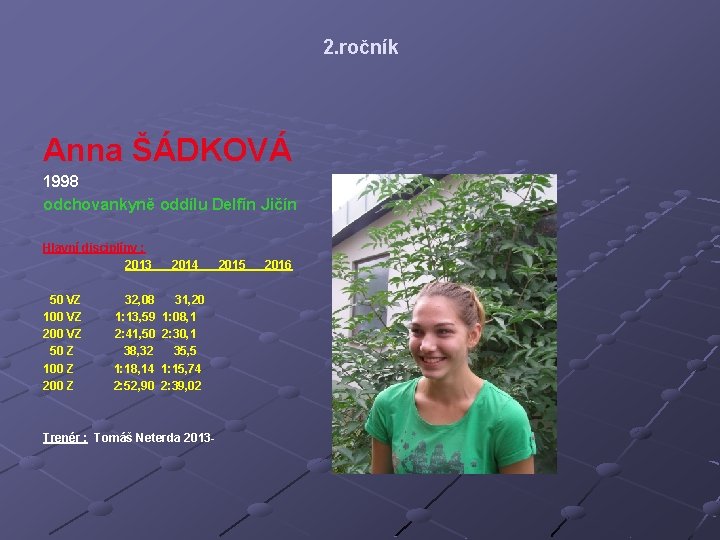 2. ročník Anna ŠÁDKOVÁ 1998 odchovankyně oddílu Delfín Jičín Hlavní disciplíny : 2013 50