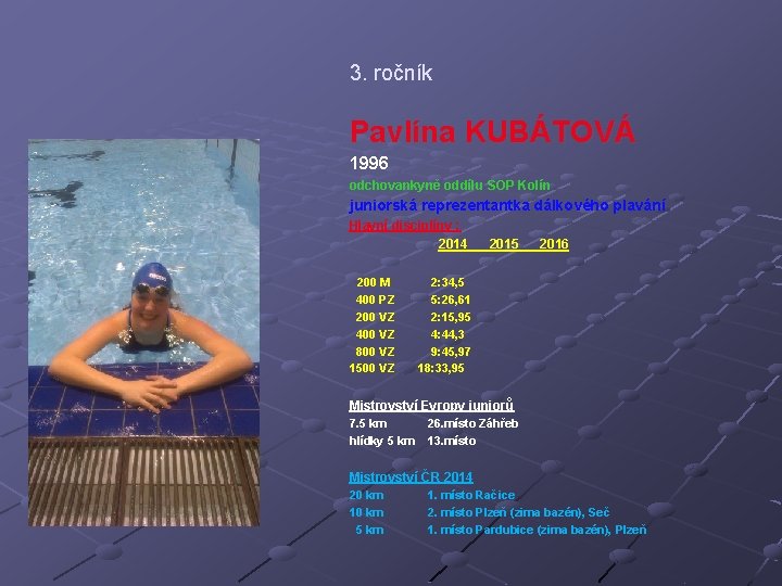 3. ročník Pavlína KUBÁTOVÁ 1996 odchovankyně oddílu SOP Kolín juniorská reprezentantka dálkového plavání Hlavní