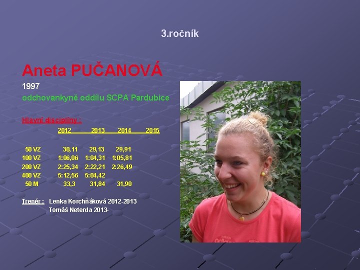 3. ročník Aneta PUČANOVÁ 1997 odchovankyně oddílu SCPA Pardubice Hlavní disciplíny : 2012 50