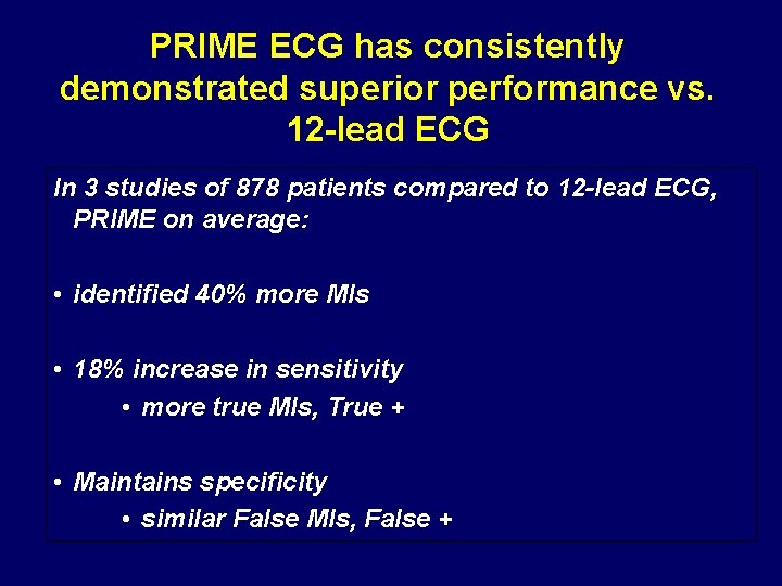 PRIME ECG has consistently demonstrated superior performance vs. 12 -lead ECG In 3 studies