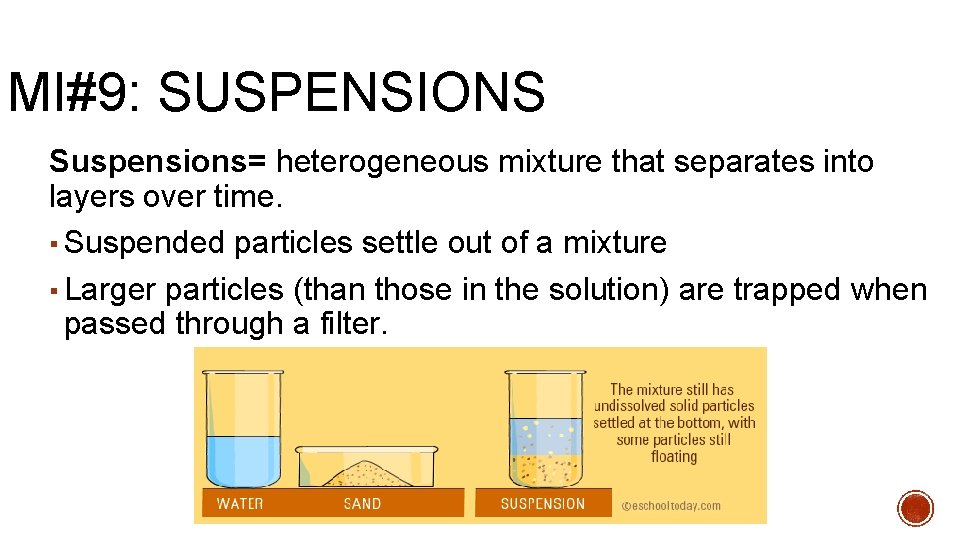 MI#9: SUSPENSIONS Suspensions= heterogeneous mixture that separates into layers over time. ▪ Suspended particles