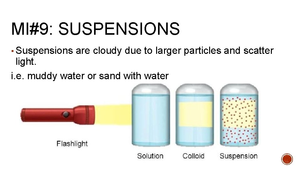 MI#9: SUSPENSIONS ▪ Suspensions are cloudy due to larger particles and scatter light. i.