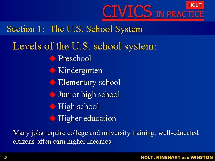 CIVICS IN PRACTICE HOLT Section 1: The U. S. School System Levels of the