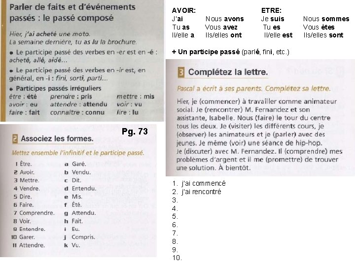 AVOIR: J’ai Tu as Il/elle a Nous avons Vous avez Ils/elles ont ETRE: Je