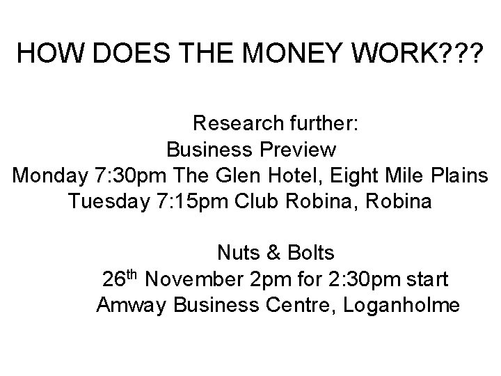 HOW DOES THE MONEY WORK? ? ? Research further: Business Preview Monday 7: 30