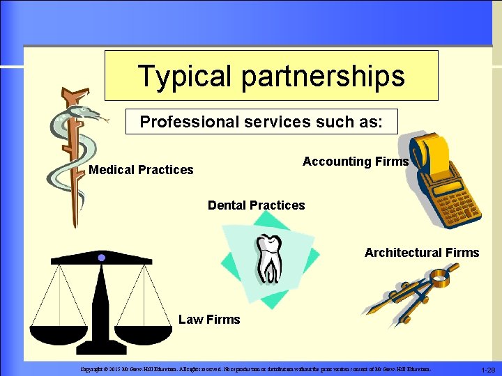Typical partnerships Professional services such as: Accounting Firms Medical Practices Dental Practices Architectural Firms