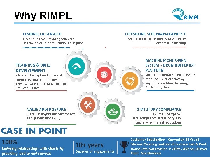 Why RIMPL OFFSHORE SITE MANAGEMENT UMBRELLA SERVICE Under one roof, providing complete solution to