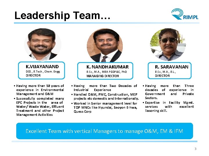 Leadership Team… RIMPL 2 1 K. VIJAYANAND DCE. , B. Tech. , Chem. Engg.