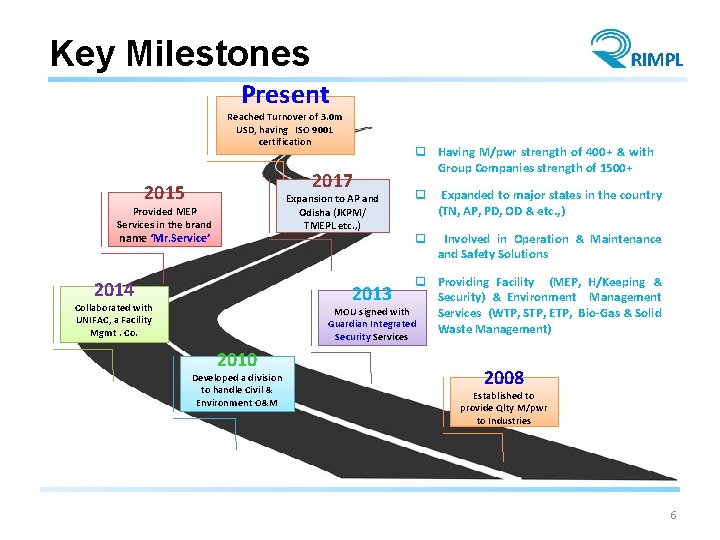 Key Milestones RIMPL Present Reached Turnover of 3. 0 m USD, having ISO 9001