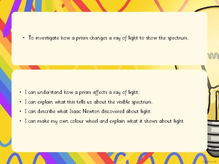  • To investigate how a prism changes a ray of light to show