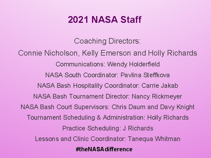 2021 NASA Staff Coaching Directors: Connie Nicholson, Kelly Emerson and Holly Richards Communications: Wendy