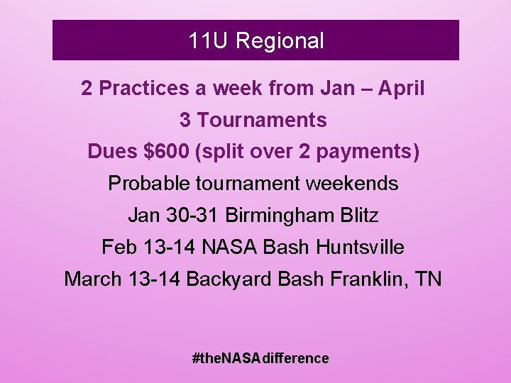 11 U Regional 2 Practices a week from Jan – April 3 Tournaments Dues