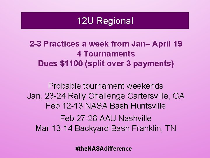 12 U Regional 2 -3 Practices a week from Jan– April 19 4 Tournaments