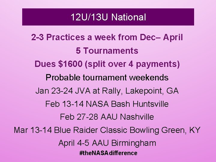 12 U/13 U National 2 -3 Practices a week from Dec– April 5 Tournaments