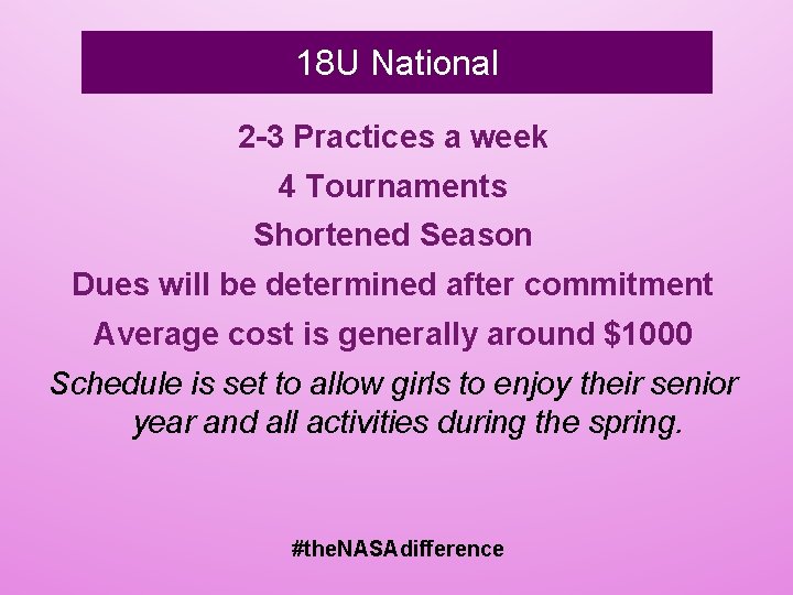 18 U National 2 -3 Practices a week 4 Tournaments Shortened Season Dues will