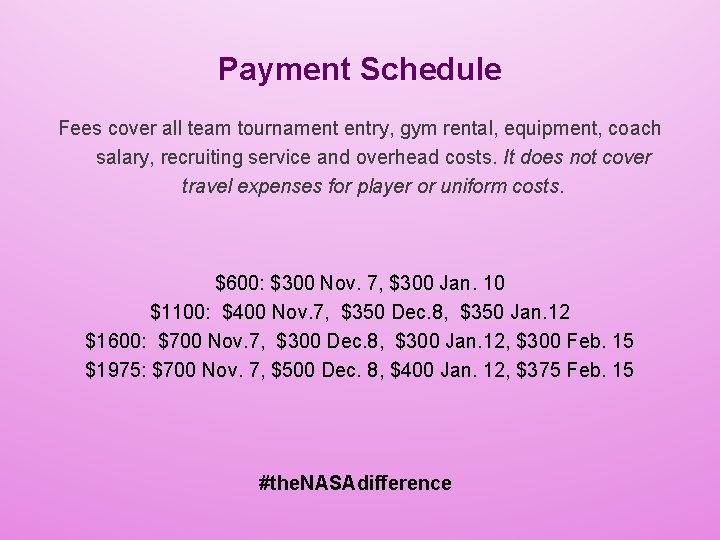 Payment Schedule Fees cover all team tournament entry, gym rental, equipment, coach salary, recruiting
