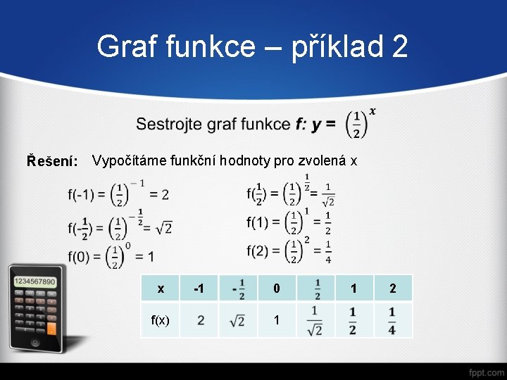 Graf funkce – příklad 2 Řešení: Vypočítáme funkční hodnoty pro zvolená x x f(x)