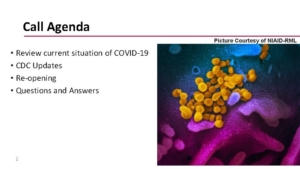 Call Agenda Picture Courtesy of NIAID-RML • Review current situation of COVID-19 • CDC