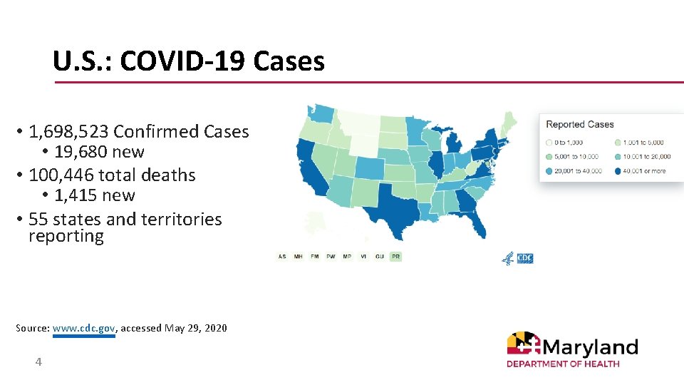 U. S. : COVID-19 Cases • 1, 698, 523 Confirmed Cases • 19, 680