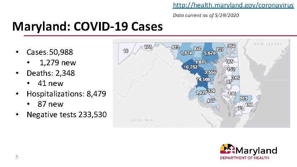 http: //health. maryland. gov/coronavirus Maryland: COVID-19 Cases • Cases: 50, 988 • 1, 279