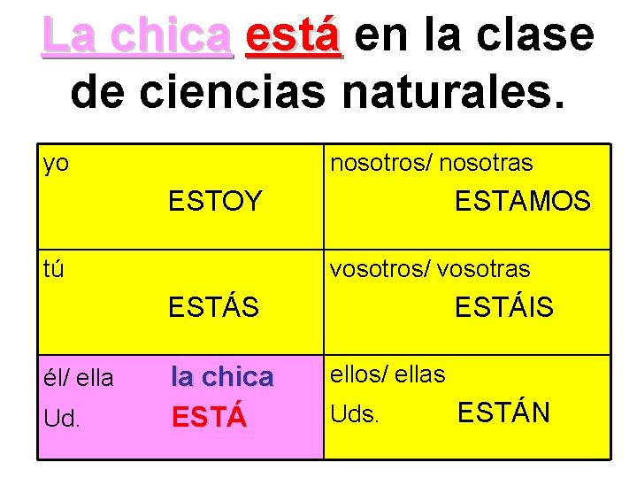 La chica está en la clase de ciencias naturales. yo nosotros/ nosotras ESTOY tú