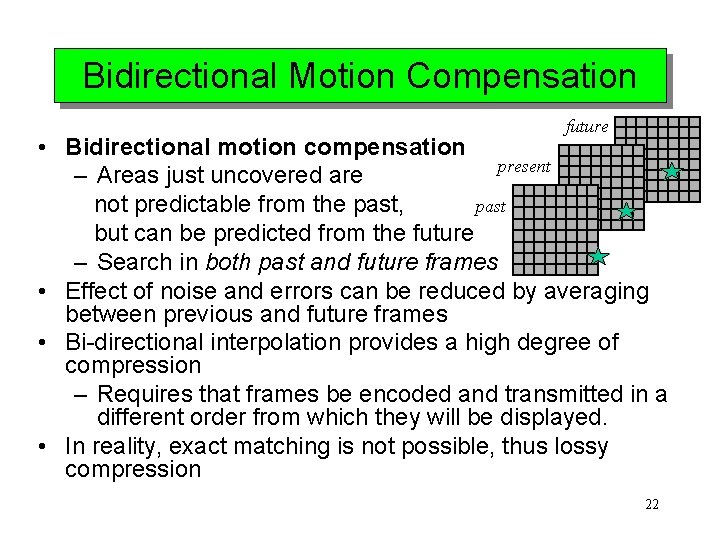 Bidirectional Motion Compensation future • Bidirectional motion compensation present – Areas just uncovered are