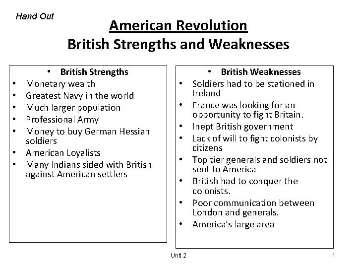 Hand Out • • American Revolution British Strengths and Weaknesses • British Strengths Monetary