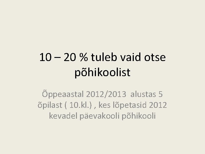 10 – 20 % tuleb vaid otse põhikoolist Õppeaastal 2012/2013 alustas 5 õpilast ( 10 – 20 % tuleb vaid otse põhikoolist Õppeaastal 2012/2013 alustas 5 õpilast (