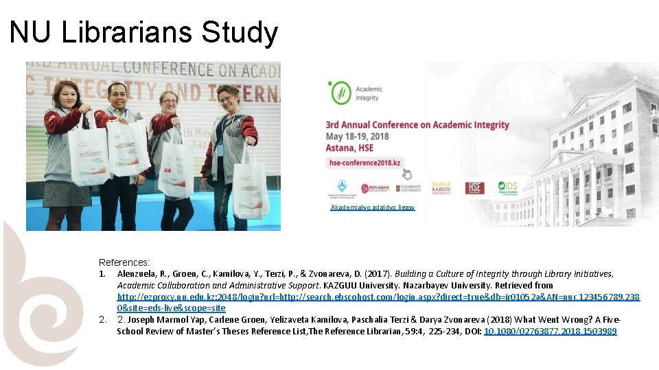 NU Librarians Study Akademialyq adaldyq ligasy References: 1. Alenzuela, R. , Groen, C. ,