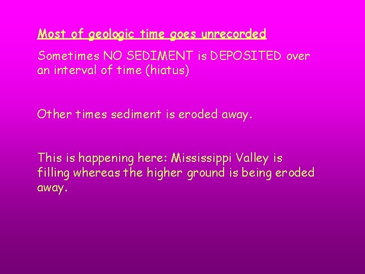 Most of geologic time goes unrecorded Sometimes NO SEDIMENT is DEPOSITED over an interval