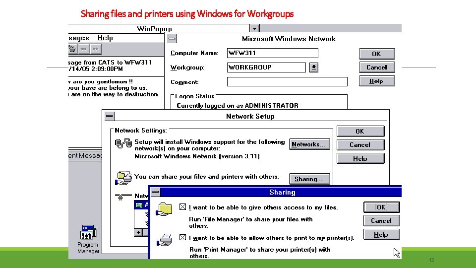 Sharing files and printers using Windows for Workgroups 12 