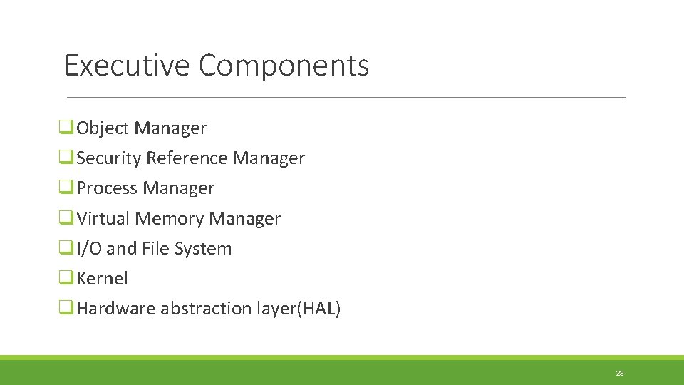 Executive Components q. Object Manager q. Security Reference Manager q. Process Manager q. Virtual