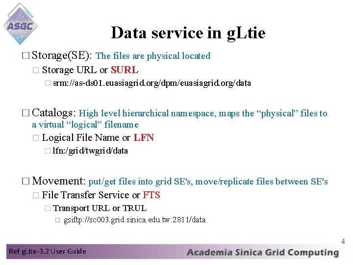 Data service in g. Ltie � Storage(SE): The files are physical located � Storage