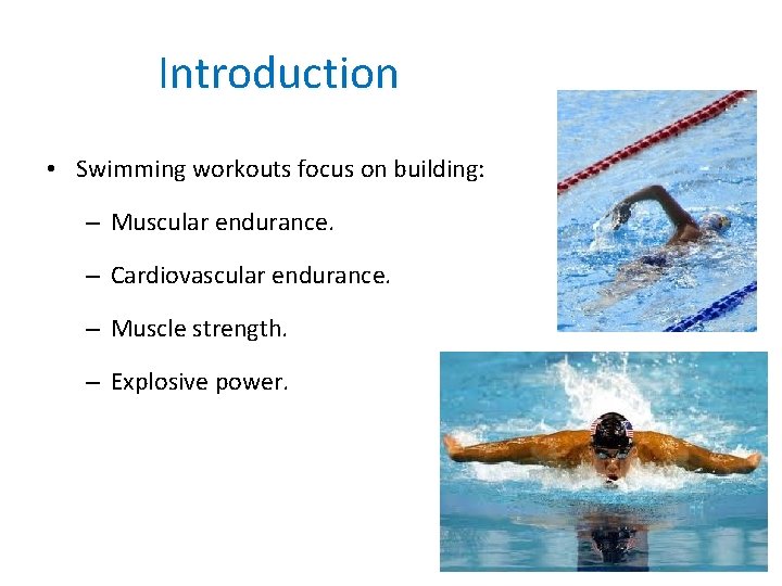 Introduction • Swimming workouts focus on building: – Muscular endurance. – Cardiovascular endurance. –