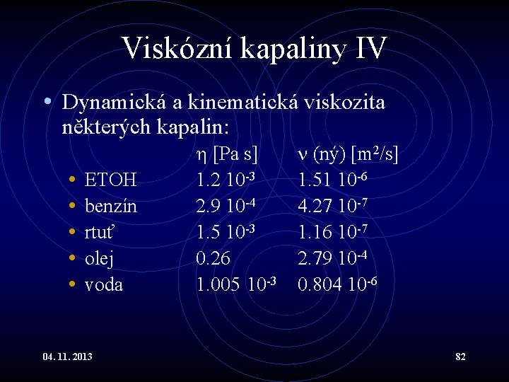 Viskózní kapaliny IV • Dynamická a kinematická viskozita některých kapalin: • • • ETOH Viskózní kapaliny IV • Dynamická a kinematická viskozita některých kapalin: • • • ETOH