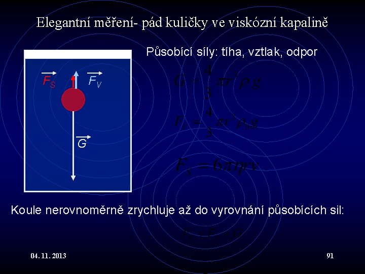 Elegantní měření- pád kuličky ve viskózní kapalině Působící síly: tíha, vztlak, odpor FS FV Elegantní měření- pád kuličky ve viskózní kapalině Působící síly: tíha, vztlak, odpor FS FV