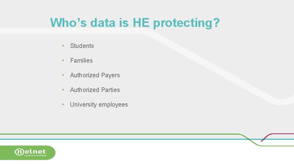 Who’s data is HE protecting? • Students • Families • Authorized Payers • Authorized