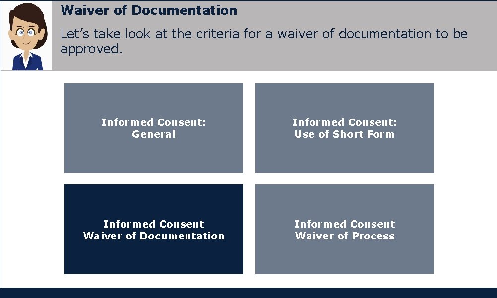 Waiver of Documentation Let’s take look at the criteria for a waiver of documentation