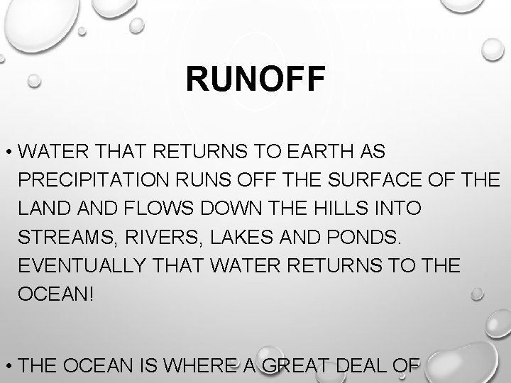 RUNOFF • WATER THAT RETURNS TO EARTH AS PRECIPITATION RUNS OFF THE SURFACE OF