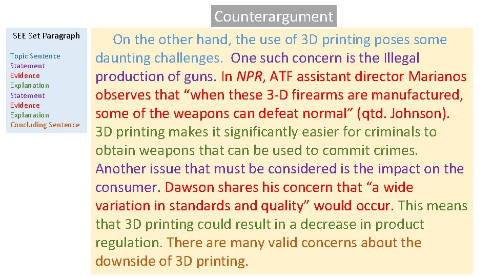 Counterargument SEE Set Paragraph Topic Sentence Statement Evidence Explanation Concluding Sentence On the other