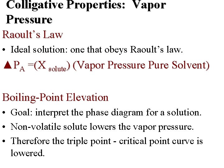 Colligative Properties: Vapor Pressure Raoult’s Law • Ideal solution: one that obeys Raoult’s law.