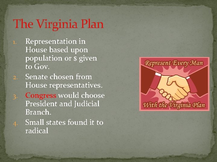 The Virginia Plan Representation in House based upon population or $ given to Gov.