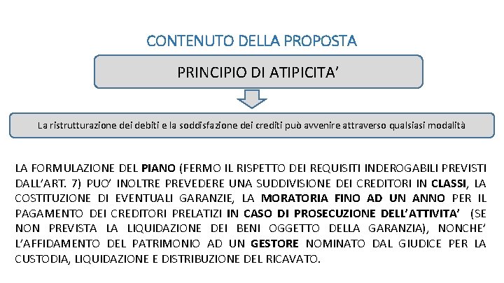 CONTENUTO DELLA PROPOSTA PRINCIPIO DI ATIPICITA’ La ristrutturazione dei debiti e la soddisfazione dei