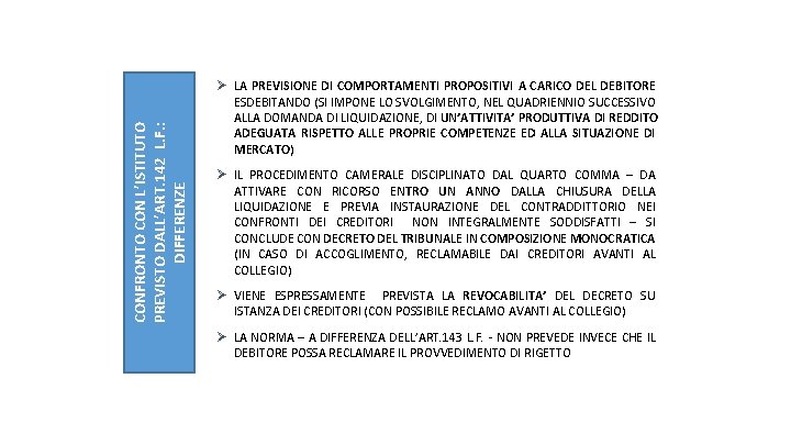 CONFRONTO CON L’ISTITUTO PREVISTO DALL’ART. 142 L. F. : DIFFERENZE Ø LA PREVISIONE DI