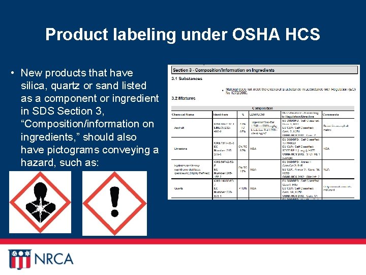 Product labeling under OSHA HCS • New products that have silica, quartz or sand