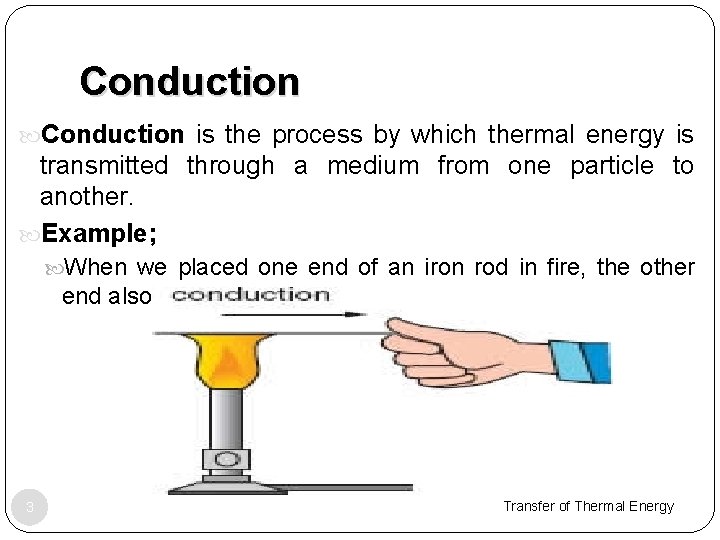 Conduction is the process by which thermal energy is transmitted through a medium from