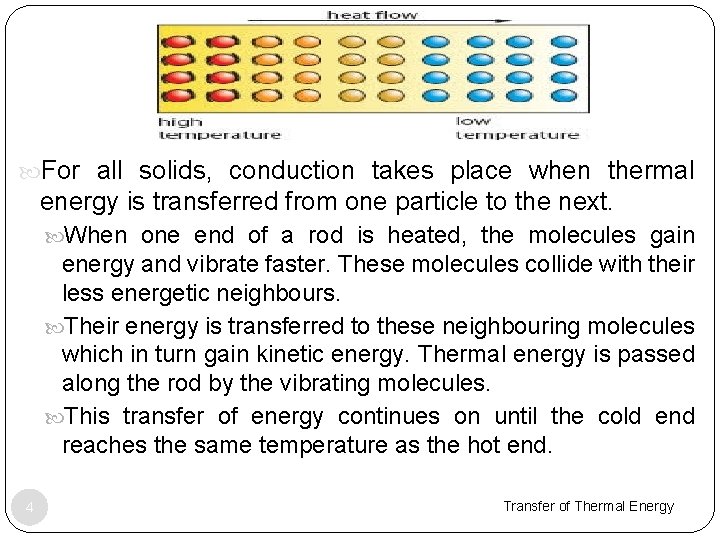  For all solids, conduction takes place when thermal energy is transferred from one