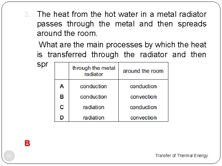 3. The heat from the hot water in a metal radiator passes through the